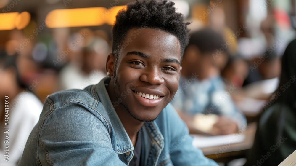 A joyful Black student engaged in reading among classmates A joyful Black student engaged in reading among classmates