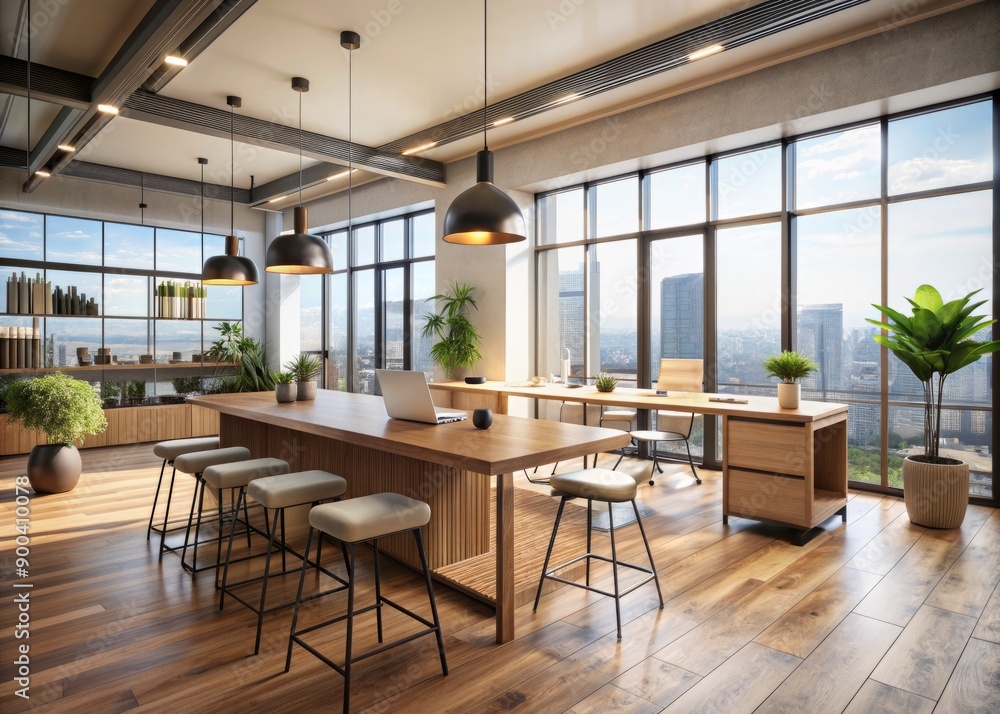 Modern office room with sleek wood floors, floor-to-ceiling windows, and minimalist decor, featuring a collaborative workspace with stools and a large communal desk. Modern office room with sleek wood floors, floor-to-ceiling windows, and minimalist decor, featuring a collaborative workspace with stools and a large communal desk.
