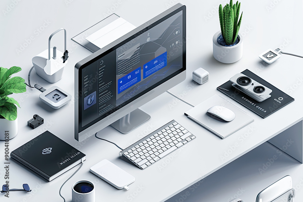 computer monitor sitting on top of desk, Desktop computer mockups featuring software interfaces and digital workspaces computer monitor sitting on top of desk, Desktop computer mockups featuring software interfaces and digital workspaces