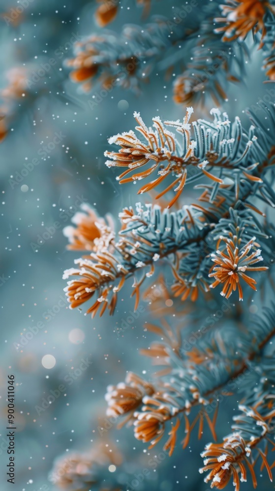 Frost-covered pine branches shimmer softly while gentle snowflakes fall