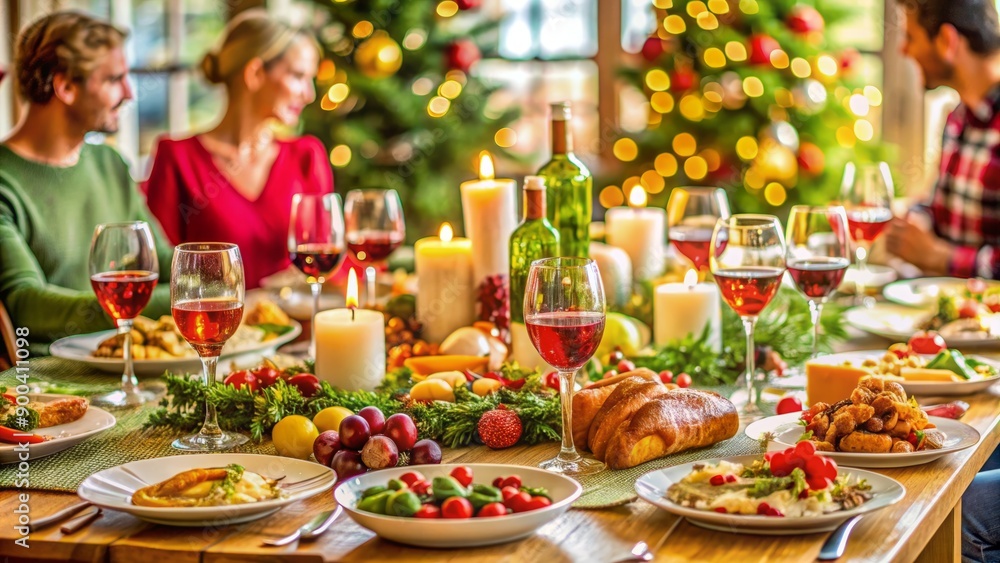 Vibrant table setting with abundance of delicious food, wine glasses, and festive decorations, evoking a sense of joyful celebration and togetherness at a reunion dinner party. Vibrant table setting with abundance of delicious food, wine glasses, and festive decorations, evoking a sense of joyful celebration and togetherness at a reunion dinner party.