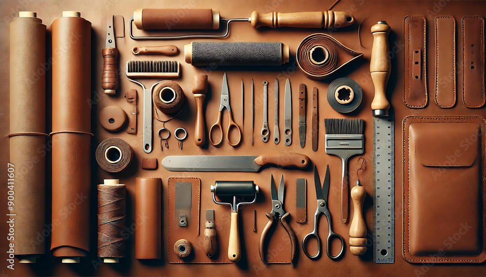 Top-down view of leather crafting tools on Italian leather in 8K Top-down view of leather crafting tools on Italian leather in 8K
