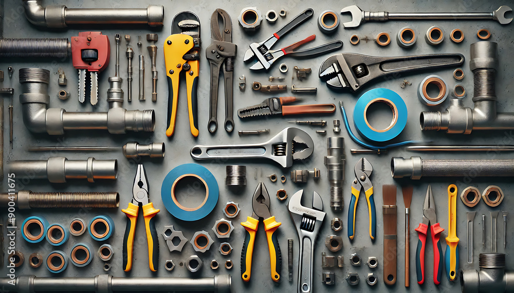Top-down view of plumbing tools on workbench in 8K Top-down view of plumbing tools on workbench in 8K