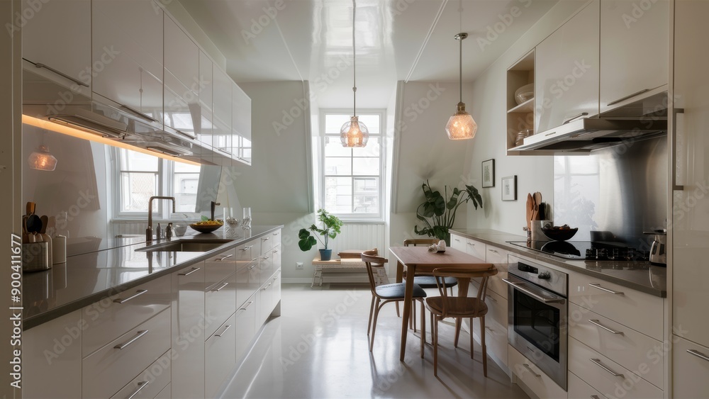 Fototapeta premium A kitchen with a table and chairs in it next to the stove, AI