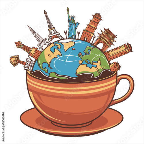 Coffee cup with world landmarks illustration in a globe representing global travel and culture