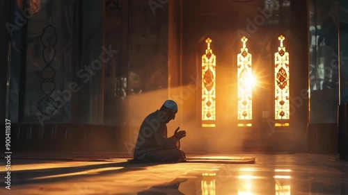 Religious muslim man praying inside the mosque