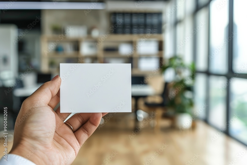 A hand holding a blank business card in a modern office setting, perfect for presentations or professional contexts. A hand holding a blank business card in a modern office setting, perfect for presentations or professional contexts.