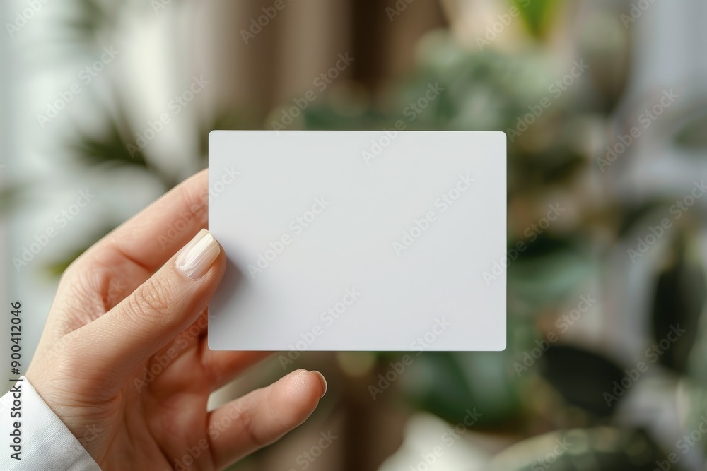 A hand holding a blank business card in a modern office setting, perfect for presentations or professional contexts. A hand holding a blank business card in a modern office setting, perfect for presentations or professional contexts.