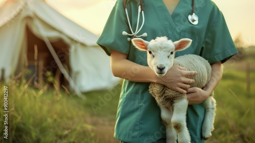 The veterinarian with young lamb photo