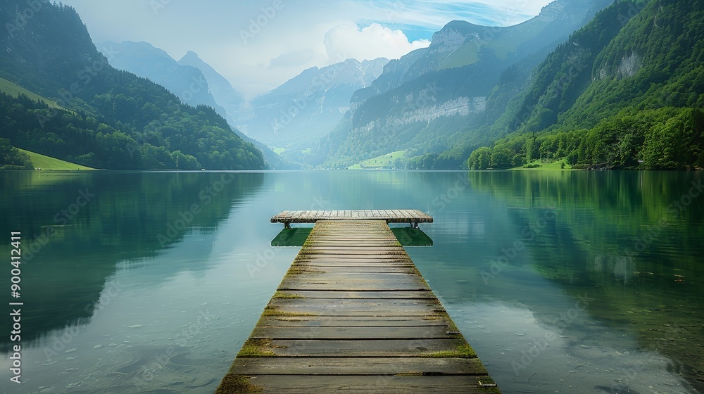 A serene lake background surrounded by mountains and lush greenery. The water is calm and reflective, mirroring the stunning landscape, and a small wooden pier extends into the lake
