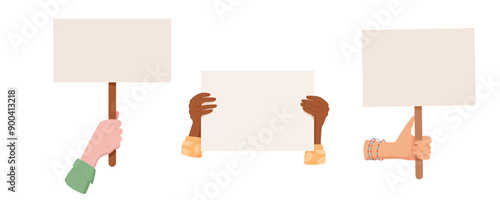 Woman hand raise blank strike sign set, human holds empowerment signboard, isolated hands show up support template placard, right activist parade demonstration flag, character holding protest banner,