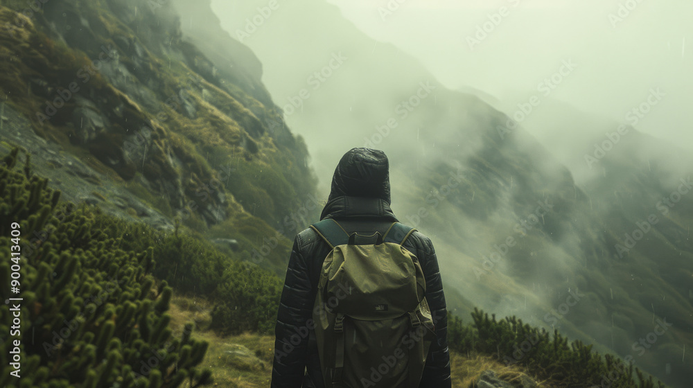 A single hiker in a green jacket stands on a mountain trail surrounded by mist and rugged terrain, capturing a sense of isolation and connection with nature. A single hiker in a green jacket stands on a mountain trail surrounded by mist and rugged terrain, capturing a sense of isolation and connection with nature.