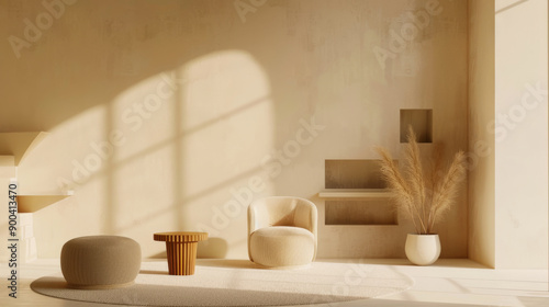 A minimalist and cozy room with soft sunlight casting shadows on light-colored furnishings and decor, creating an inviting atmosphere.