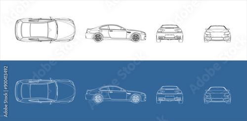 vector sport car line art draw blueprint wireframe from all view top side back  isolated in transparent background