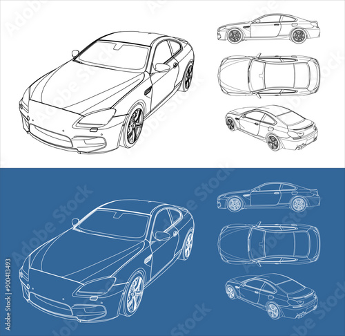 vector sport car line art draw blueprint wireframe from all view top corner side back  isolated in transparent background
