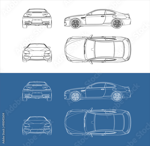 vector sport car line art draw blueprint wireframe from all view top corner side back  isolated in transparent background
