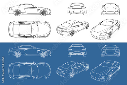 vector sport car line art draw blueprint wireframe from all view top corner side back  isolated in transparent background