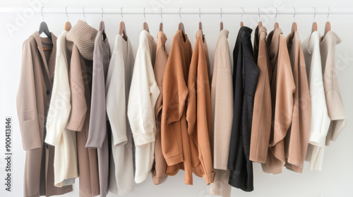 A minimalist wardrobe showcasing neatly hung neutral-toned coats and sweaters, creating a serene and organized fashion display. © VK Studio