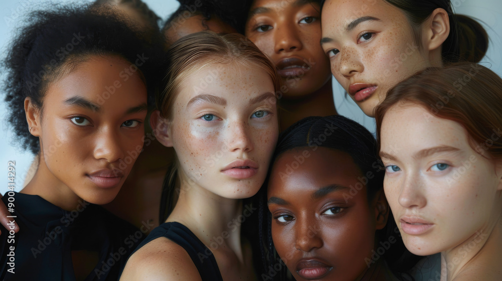 A diverse group of young women stands closely together, gazing confidently into the camera, their faces reflecting natural beauty and individuality. A diverse group of young women stands closely together, gazing confidently into the camera, their faces reflecting natural beauty and individuality.