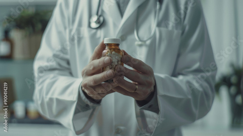 A doctor in a white coat holding a small bottle of pills, highlighting a focus on healthcare and medication management in a clinical setting.