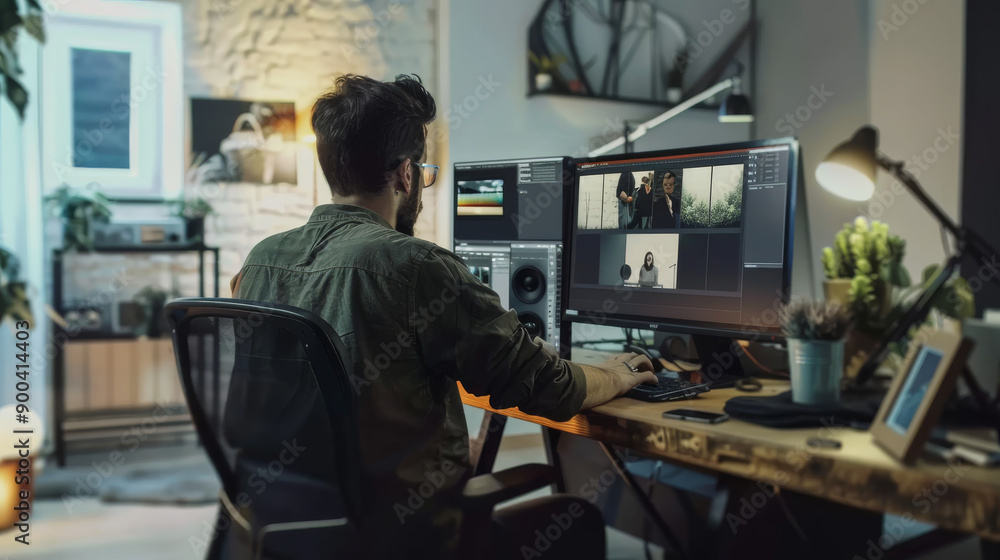 A video editor works meticulously on a multi-screen setup in a dimly lit, cozy office space, engrossed in the editing process. A video editor works meticulously on a multi-screen setup in a dimly lit, cozy office space, engrossed in the editing process.