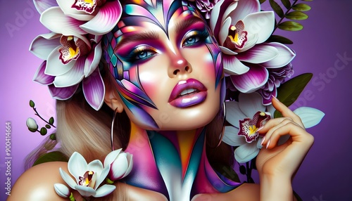 Belleza Floral Abstracta, Mujer en Pose de Moda, Alta Costura, Maquillaje Sofisticado, Fotografía Hiperrealista , Ilustración 3D