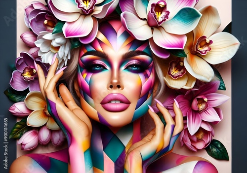 Belleza Floral Abstracta, Mujer en Pose de Moda, Alta Costura, Maquillaje Sofisticado, Fotografía Hiperrealista , Ilustración 3D photo