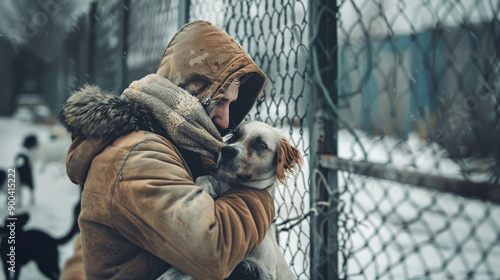 A person warmly embraces a dog against a snow-covered backdrop, radiating warmth and compassion amidst the chilly winter atmosphere. photo