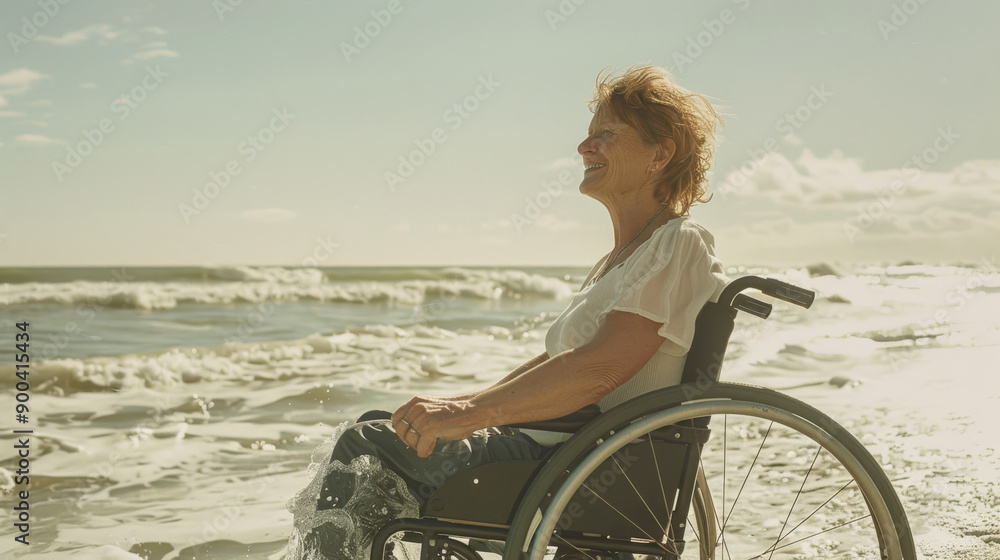 Fototapeta premium A serene elderly woman in a wheelchair basks in the sunlight at the beach, with waves gently caressing her feet.