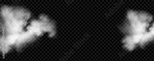 A realistic set of white clouds of flour, sugar, washing powder. An explosion of snow dust in the air. A splash of ice crystals in a white blizzard cloud.