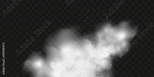 A realistic set of white clouds of flour, sugar, washing powder. An explosion of snow dust in the air. A splash of ice crystals in a white blizzard cloud.