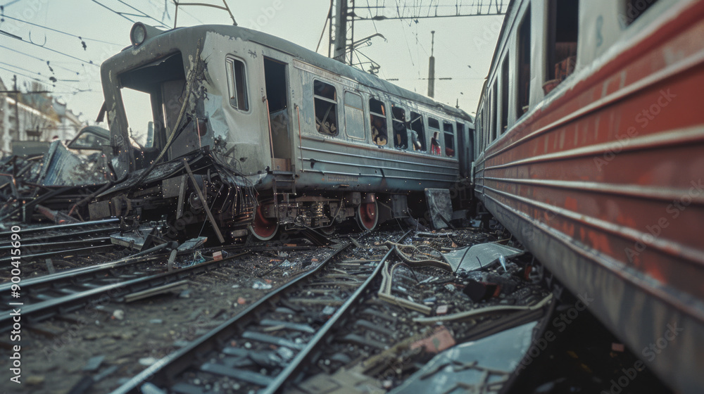 Damaged trains derailed, debris littering railway tracks after a severe accident. Damaged trains derailed, debris littering railway tracks after a severe accident.