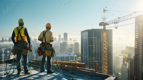 Two construction workers, equipped with safety harnesses and helmets, overlook a misty city skyline from a high rooftop at sunrise.