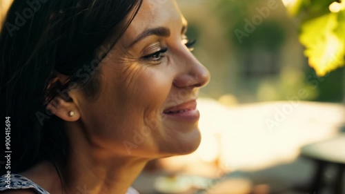 A woman with long dark hair and a smile on her face. She is wearing earrings and has her eyes closed