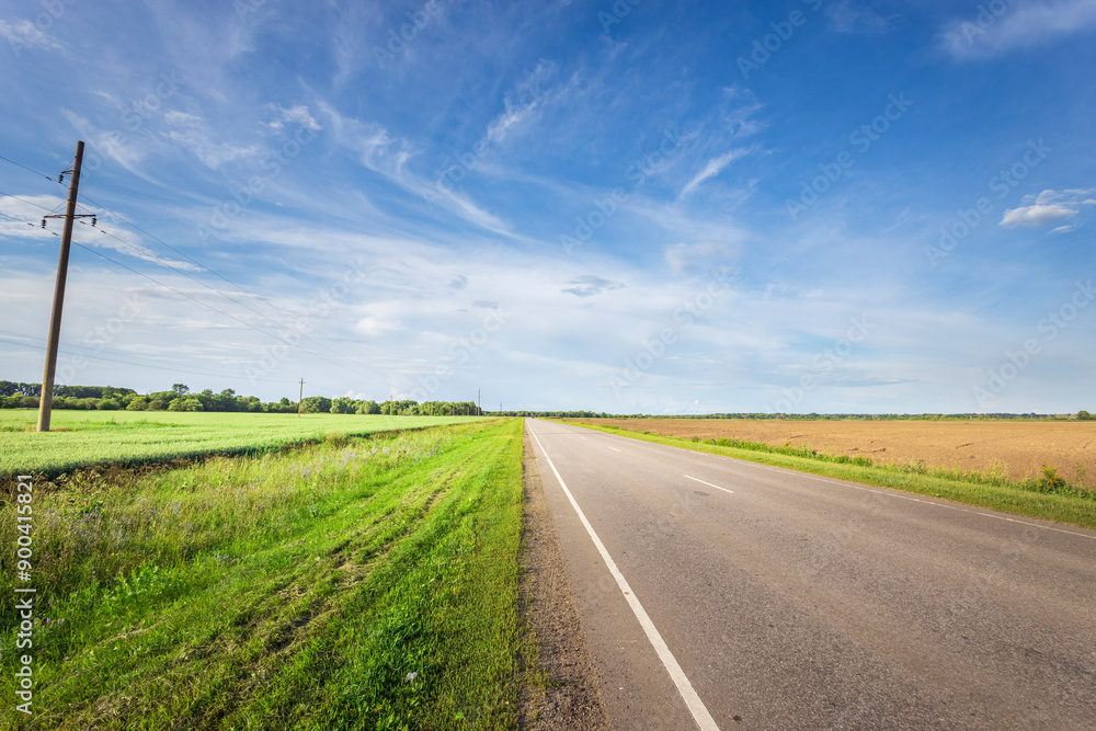 Fototapeta premium A road with a grassy field on either side