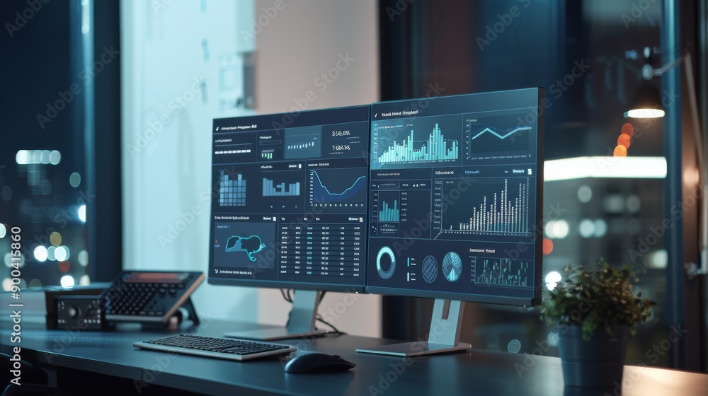 Dual monitors displaying an array of analytics and stock charts in a high-tech office setup at night, with city lights visible through the window. Dual monitors displaying an array of analytics and stock charts in a high-tech office setup at night, with city lights visible through the window.