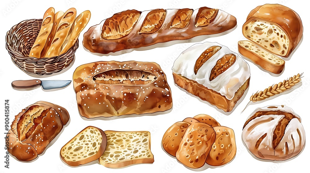 Watercolor illustration of various breads, including baguettes, sourdough, and loaves, isolated on a white background Watercolor illustration of various breads, including baguettes, sourdough, and loaves, isolated on a white background
