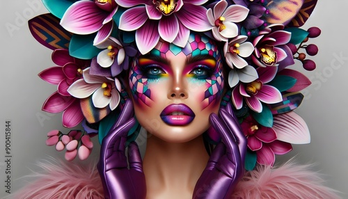 Belleza Floral Abstracta, Mujer en Pose de Moda, Alta Costura, Maquillaje Sofisticado, Fotografía Hiperrealista , Ilustración 3D photo