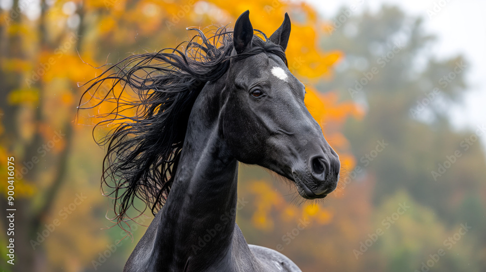 Naklejka premium Close-up of a black horse with a flowing mane, standing against a backdrop of autumn foliage