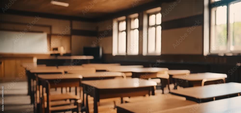 An empty classroom with wooden desks and warm sunlight streaming in. An empty classroom with wooden desks and warm sunlight streaming in.