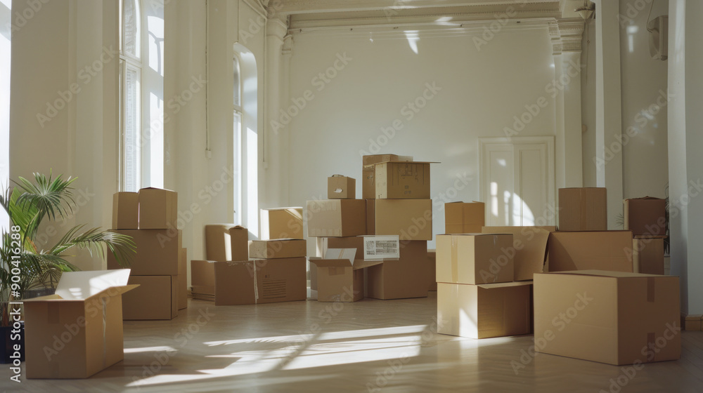 Cardboard boxes of various sizes scattered in an empty room with large windows, hinting at a moving day. Cardboard boxes of various sizes scattered in an empty room with large windows, hinting at a moving day.