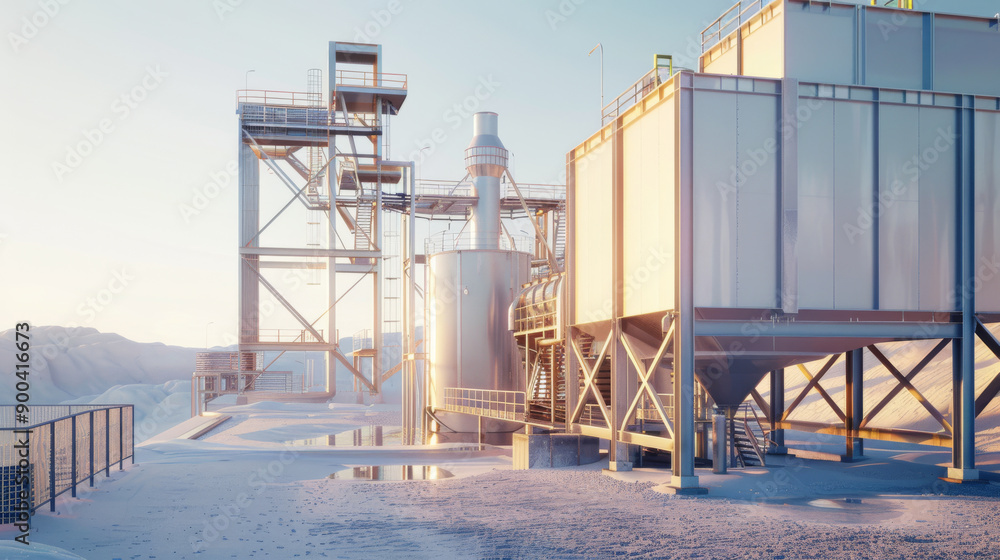 Obraz premium Industrial facility under the soft glow of dawn, with towering structures and intricate machinery.