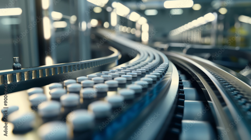 Obraz premium A detailed view of a pharmaceutical manufacturing line, focusing on the orderly movement of pill bottles along a conveyor belt.