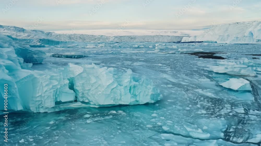 A large ice block is floating in the ocean. The ice is surrounded by a lot of ice, and the water is very cold A large ice block is floating in the ocean. The ice is surrounded by a lot of ice, and the water is very cold