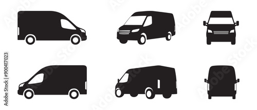 Silhouette vector set of icon vans, front view, side view, back view
