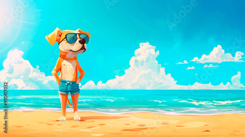 Cute dog in shorts and sunglasses on the beach against the background of blue sea and sky in cartoon style with empty copy space. Summer time, holiday, vacation and travel.