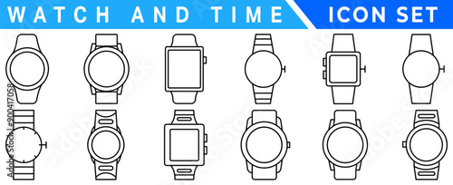 Watch & time wrist vector outline set icon. Isolated outline set icon wristwatch. Vector illustration clock on white background