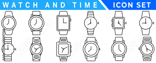 Watch & time wrist vector outline set icon. Isolated outline set icon wristwatch. Vector illustration clock on white background