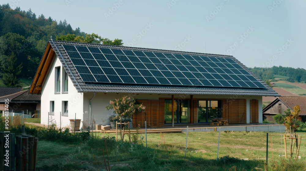 A contemporary house with an extensive array of solar panels on the roof, set against a scenic landscape, promotes sustainable living. A contemporary house with an extensive array of solar panels on the roof, set against a scenic landscape, promotes sustainable living.
