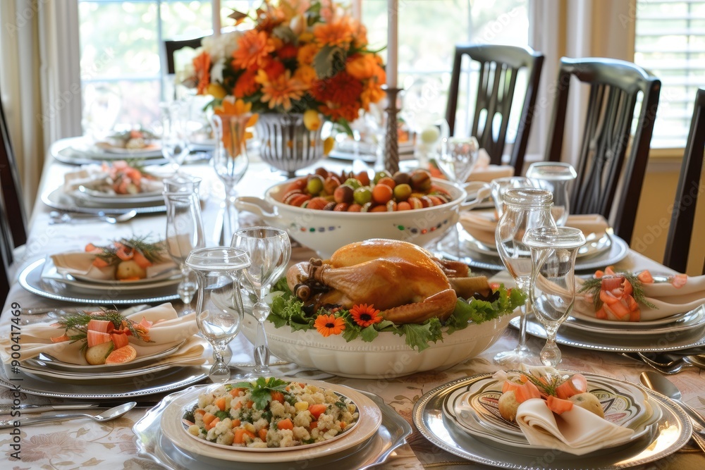 table with bunch of plates of food, festive Thanksgiving table set with delicious dishes table with bunch of plates of food, festive Thanksgiving table set with delicious dishes